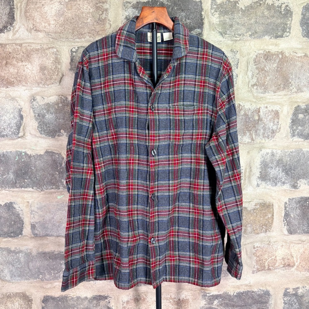 LL Bean Mens Flannel Shirt L Tall Gray Red Plaid Cotton Button Down 500668